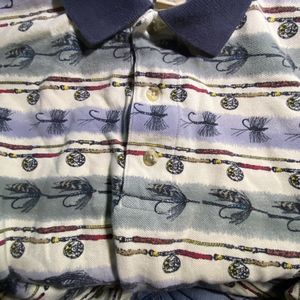 Vtg WOOLRICH Polo Shirt Mens M Medium Heavy Cotton Short Sleeve Fly Fishing Reel